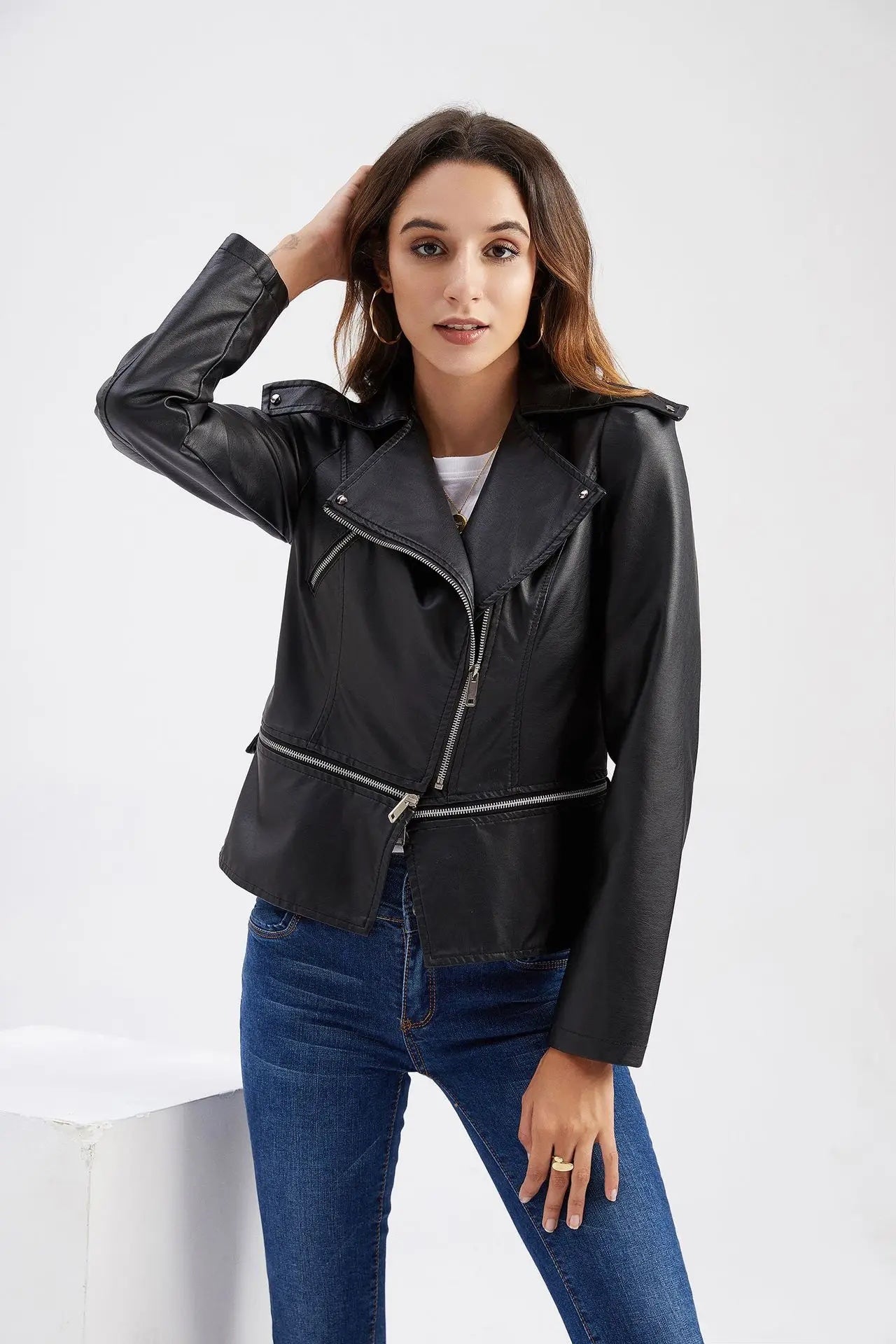 Women Faux Leather Jacket Removable Moto Biker Zipper Jacket