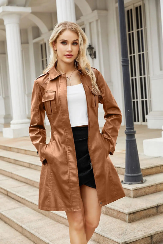 long Faux Leather Trench Women with Belt Spring