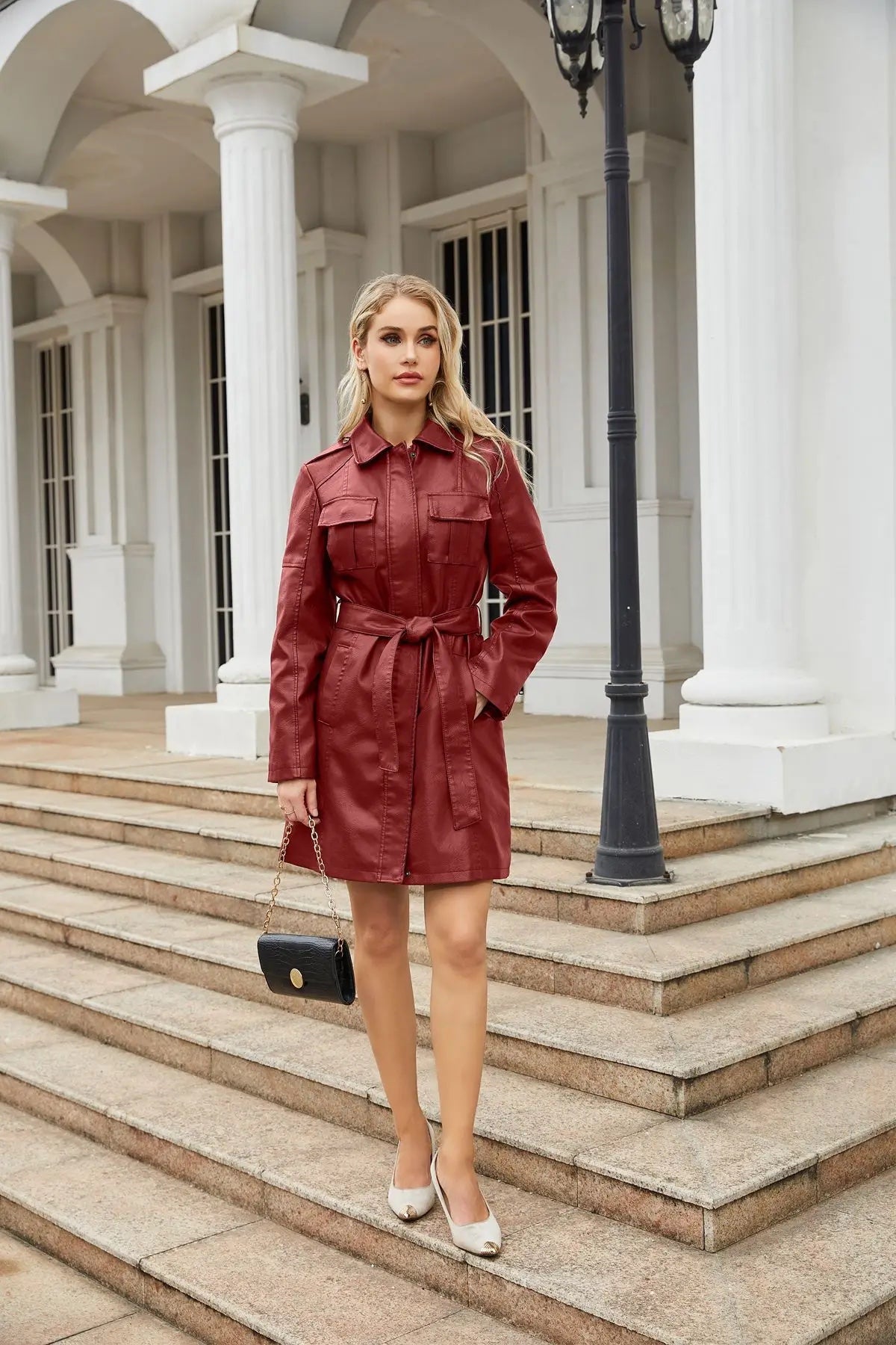 long Faux Leather Trench Women with Belt Spring