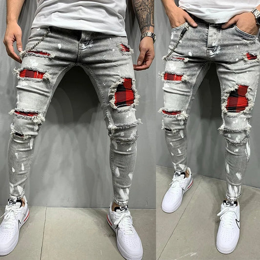 Heren Skinny Ripped Jeans Plaid Patchwork Denim