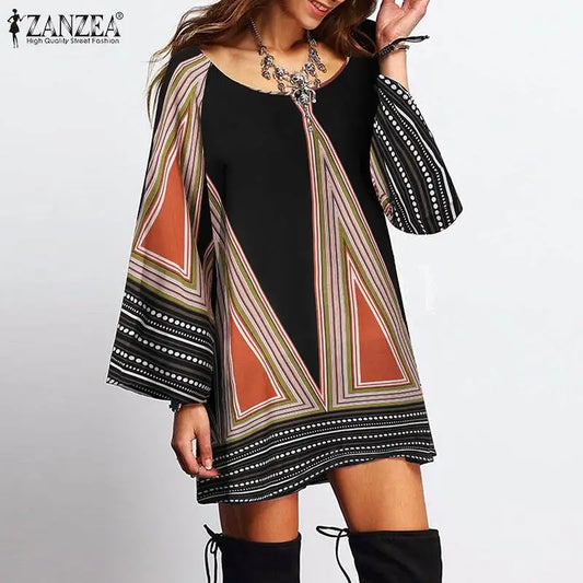 Boho Retro V-Neck Dress -  Long Sleeve Mini Sundress for Women