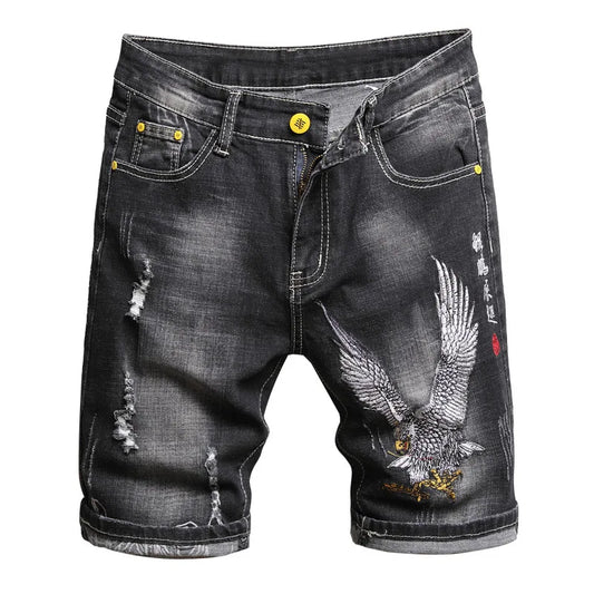 Summer Embroidery Men's Chinese Style Denim Shorts