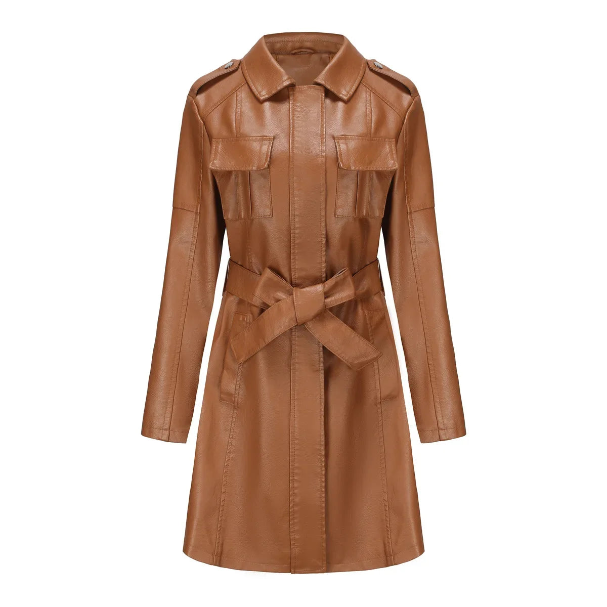 long Faux Leather Trench Women with Belt Spring