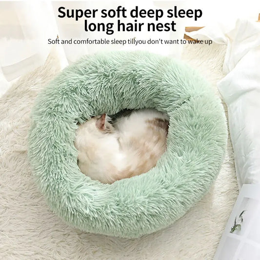 Universal dog and cat nest with long hair, round donut bed