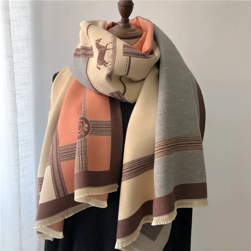 Thick ladies winter scarf Luxury horse print cashmere poncho scarf