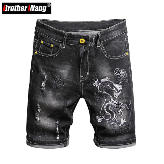 Summer Men's Slim Stretch Short Jeans Chinese Dragon Embroidery Pattern