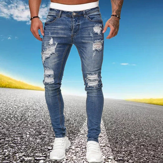 Mens Ripped Skinny Jeans Blue Slim Fit