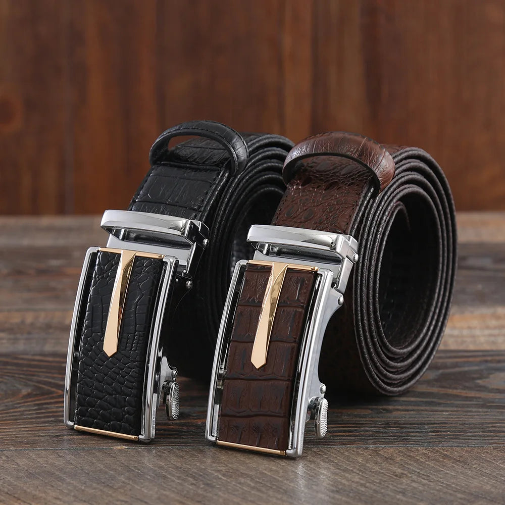 Trendy men's belt of 3.5 cm with automatic buckle, material made of cowhide and crocodile pattern