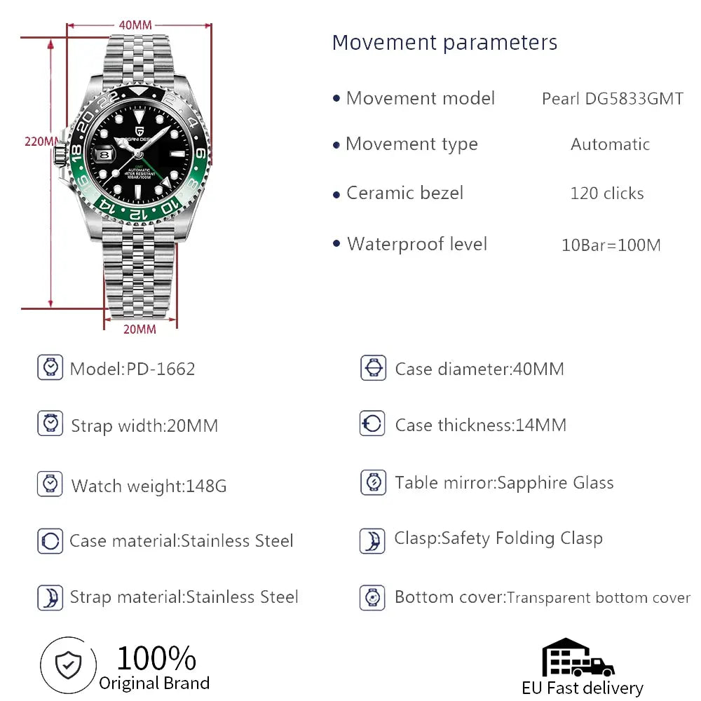 Upgrade uw stijl met PAGANI DESIGN luxe GMT herenhorloge