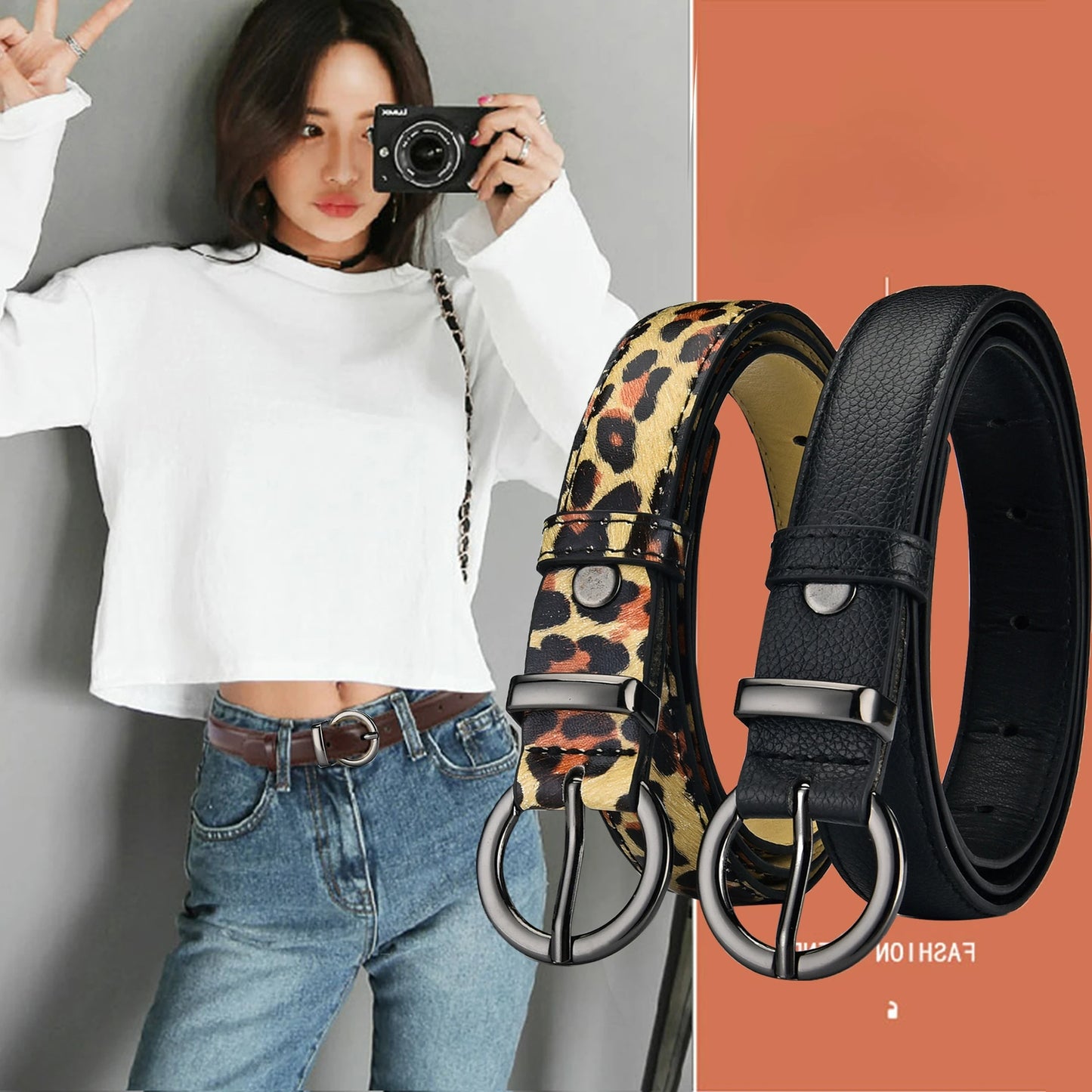 Retro style PU leather women's belt with buckle