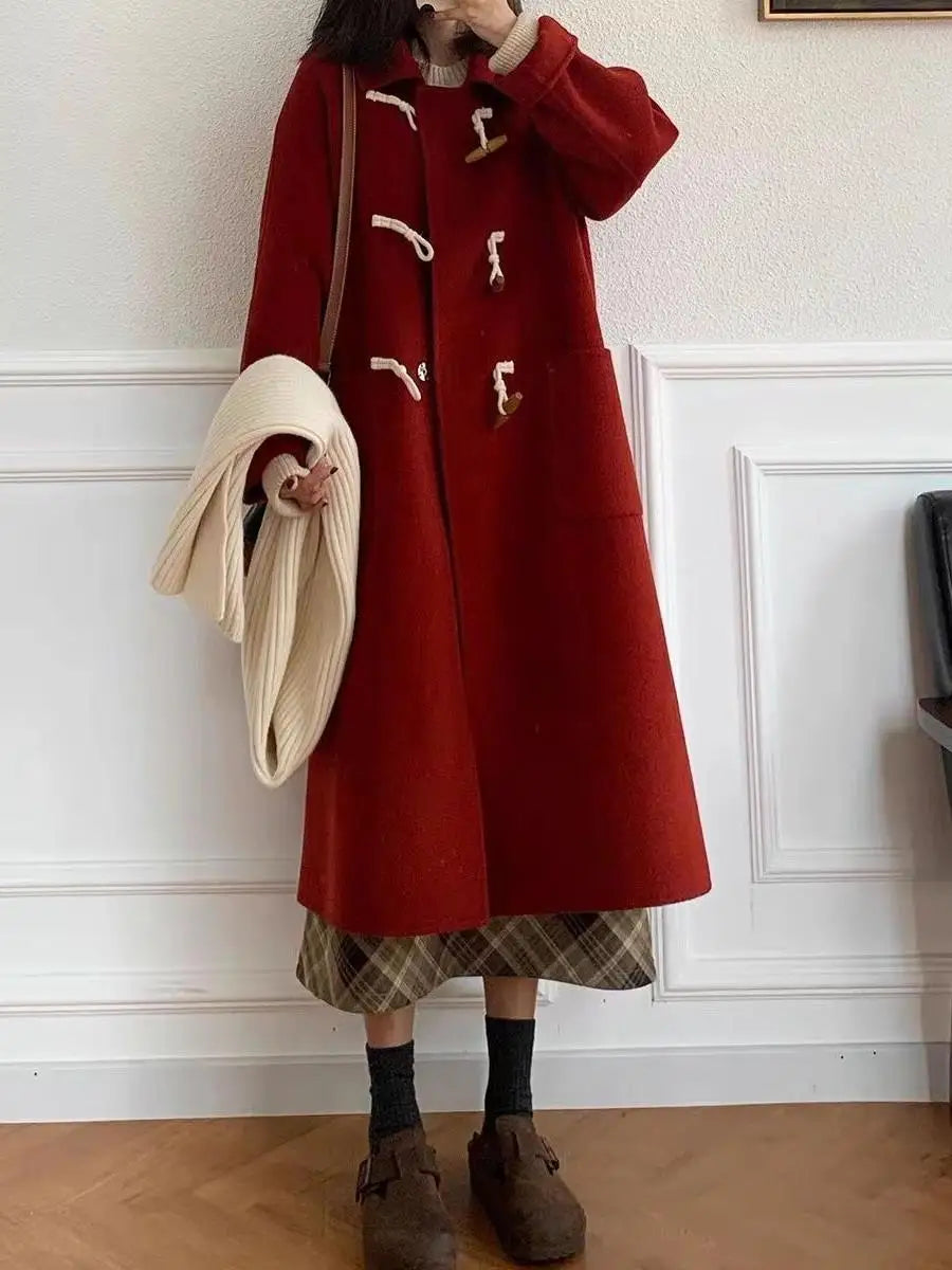 Women's Woolen Trench Coat with Horn Buckle