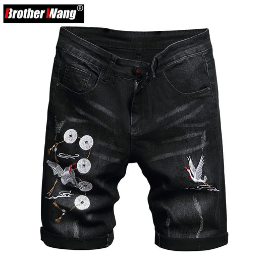 Zwart geborduurd denim herenshort