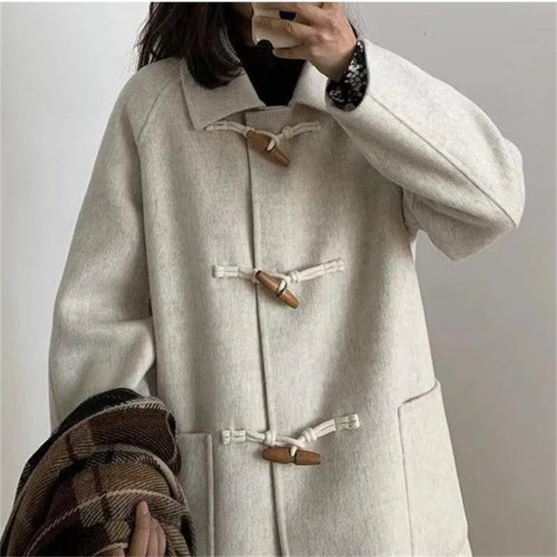 Women's Woolen Trench Coat with Horn Buckle